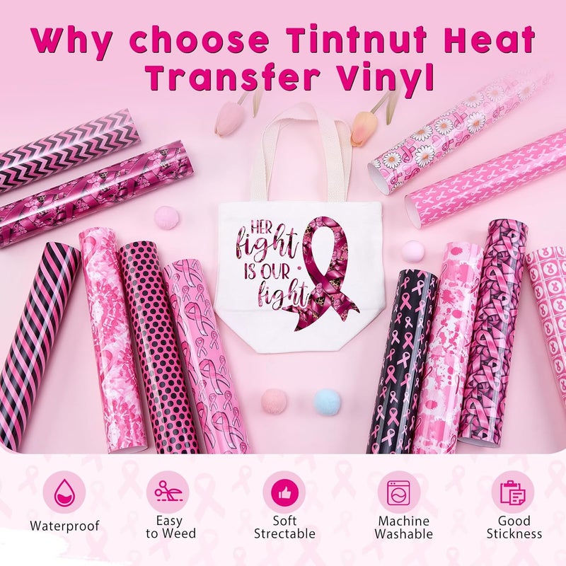 Tintnut Black Pink Heat Transfer Vinyl - 12 Sheets 12inches x10inches Breast Cancer Patterned HTV Iron on Vinyl Pink Ribbon HTV Heat Transfer Vinyl Compatible with Cricut/Silhouette Cameo - Image 3